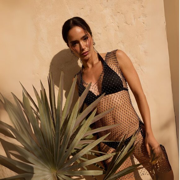 NWT Black Rhinestone Crystal Fishnet Designer Luxury Swimsuit Cover-Up Dress - Picture 1 of 4